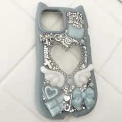 スマホケース デコケース 地雷系 量産型 水色 猫耳 iPhone15対応