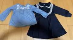 デニムブルー刺繍入り長袖トップス　ネイビーのワンピース　二点セット
