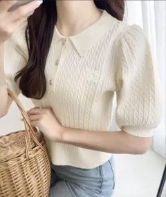 【mily bilet】胸刺繍ケーブルニットパフスリーブポロシャツ(半袖)