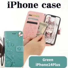 iPhone14Plus グリーン ケース おしゃれ かわいい キラキラ