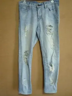 マウジー デニム パンツ 24 ライトブルー ダメージ加工