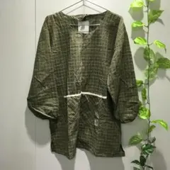 Basic Home チェック柄長袖トップス グリーン M〜L ポケット付