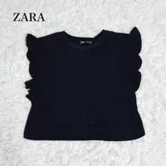 ザラ フリルスリーブリブトップス クルーネック Tシャツ カジュアル 上品 無地