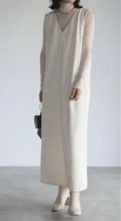 apretro　Vネックロングジャンパースカート ジレ 前後 3WAY