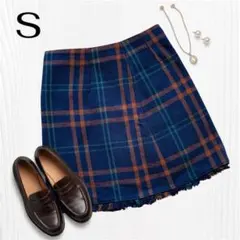 GU ジーユー チェック柄 ミニスカート フリンジ S ネイビー 台形 デート