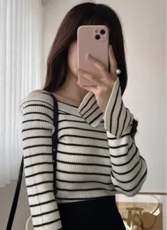 GRL 2Wayボーダー柄フレアスリーブニットトップス