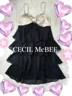 セシルマクビー　ワンピースフリル☆シフォンドレス ブラック×シャンパンゴールドのサムネイル