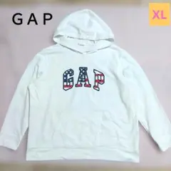 最終値⛔GAP アメリカ国旗ロゴ フーディーフード付きパーカー ホワイト　XL