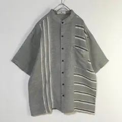【半袖シャツ】バンドカラー ストライプ ボーダー ゆったり感 L グレー メンズ