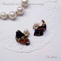 スカーフ フリル コットンパール ビジュー クリスタル ゴールド ピアス