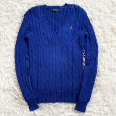 ポロラルフローレン　ポニー刺繍ケーブルニットセーター　青　XS 綿　プルオーバー