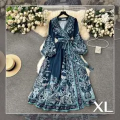 エスニック風ダークブルーワンピース XL ペイズリー ボタニカル ロング 春夏