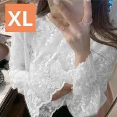 ☆シースルートップス☆シフォンレース☆シアー☆袖ボリューム☆ホワイト　XL