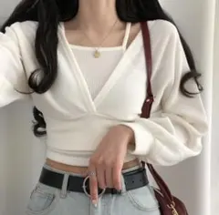WANTT ネイビー クロップドカーディガン