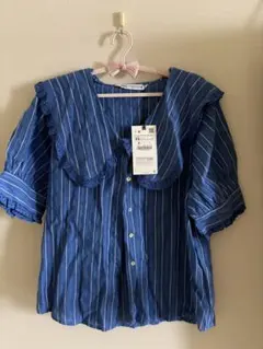 ZARA ストライプ ブラウス 青 XSサイズのサムネイル