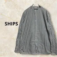 SHIPS バンドカラー ストライプ シャツ グレー コットン100% 日本製