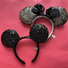 ミッキー　ミニー　耳カチューシャ ブラックとシルバーのスパンコール