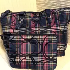 coach　コーチ　　ネイビー　チェック柄トートバッグ　ポーチ付き