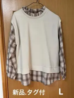 新品　タグ付　春にピッタリ　フリル襟　ゴム袖　着回しカットソー　重ね着風　L