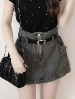 ベルトインパン裏地付きカーゴデニムミニスカート