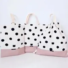 入学・入ラスト1点♡3点セット♡猫ドット柄♡レッスンバッグ・上履き入れ・ナップ