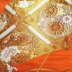 未着用 華やかなオレンジ色袋帯 金の檜扇に四季の花模様