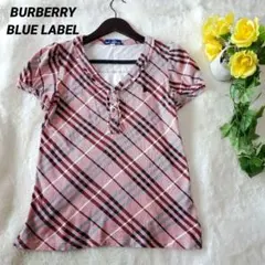 バーバリーブルーレーベル　ヘンリーネック　カットソー　ノバチェック　レッド　38