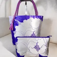 722帯リメイクバッグポーチセットパープルに大きな牡丹