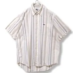 【FILA】　半袖　シャツ　オフホワイト　白　メンズ　古着　ストライプ　M