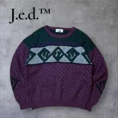 昭和レトロ90sJ.e.d.™ 幾何学柄ニットセーターパープル×グリーン