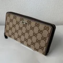 GUCCI 長財布ラウンドファスナー GGキャンバス ブラウン