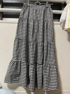 ギンガムチェック ティアード ロングスカート ブラック