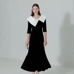 Leja Mサイズ アシンメトリービッグカラーベロアマーメイドワンピースドレス