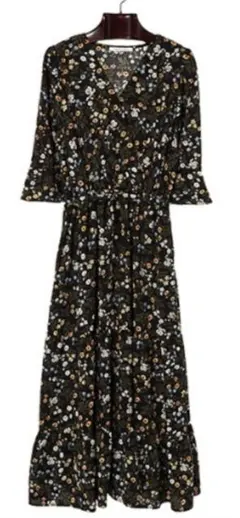 PREFERIR カシュクール 黒花柄ワンピース 共布ベルト付き 美品 七分袖