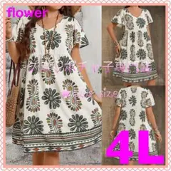 ＊大きいサイズ4L＊flower フレアスリーブ Aライン チュニ ワンピース