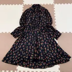 ザラウーマン　総柄シャツワンピース　長袖　花柄　黒　裾フリル　シアー　インナー付