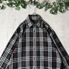 バーバリーブラックレーベル ノバチェック 長袖シャツ 紺系 刺繍 サイズ3（L）