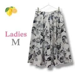 11『エレガント』花柄 フレアスカート【M】白黒 ウエストゴム ホワイト