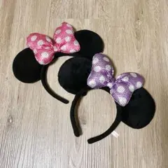 ディズニー カチューシャ　スパンコール　リボン　ピンク　紫　ミニー　水玉　ペア