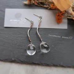 シルバー ウェーブ クリア ドロップ ロング ピアス イヤリング ハンドメイド