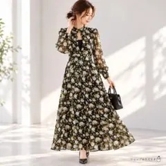 ZARAザラ 新品タグ付き 花柄 ロングワンピース XS ブラック ウエスト切替