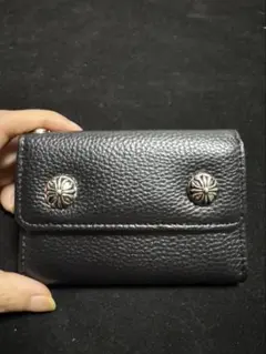 【最高級シボ革】本革 ウェーブミニ 三つ折り財布 ブラック レザーウォレット