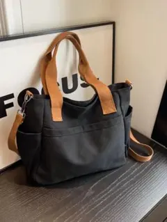 2WAY トートバッグ ショルダーバッグ 大容量 ブラック×ブラウン 通勤 通学