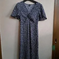 ネイビー花柄半袖ロングワンピース