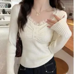 ⚠️本日まで⚠️レースVネックリブニットトップス