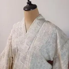 着物　紬　白　生成り　幾何学模様　和装