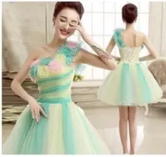 パーティードレス ブルー カラフルミニドレス 緑色・黄色・ピンク