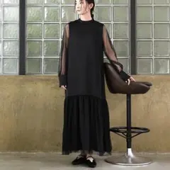 新品★セレクトモカ【オケージョン/結婚式】ヘムチュールサテンワンピース 黒 L