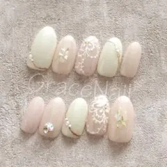 No.2055 現品販売！ネイルチップ　ピンク/フラワーレース/ブライダル