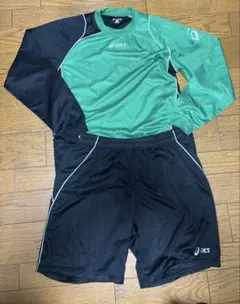アシックスasics 長袖セットアップ　プラシャツL フットサル、サッカー緑✖️黒